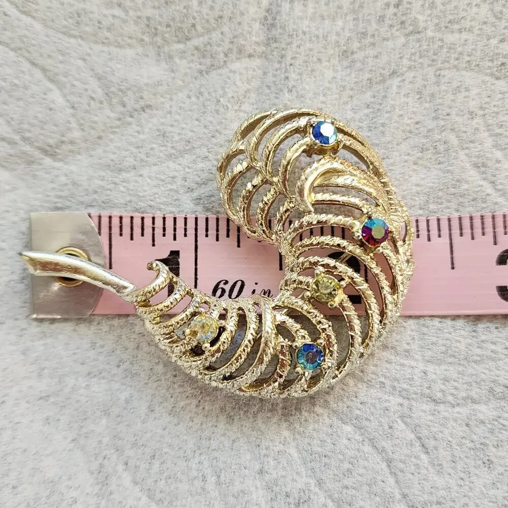 Feather Plume Aurora  Borealis Rhinestone Brooch Gold Tone C Hook Latch Vintage